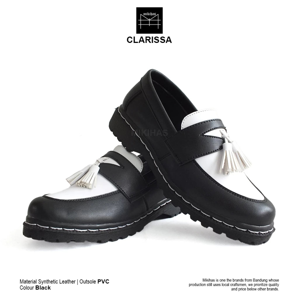 Mikihas Claris - Sepatu Loafers Wanita Kulit Hitam Putih Slip On Kasual - Sol PVC Hitam Ringan