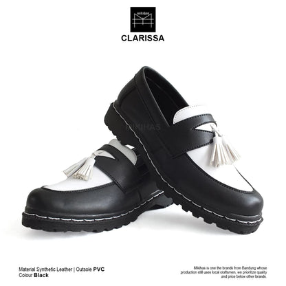 Mikihas Claris - Sepatu Loafers Wanita Kulit Hitam Putih Slip On Kasual - Sol PVC Hitam Ringan