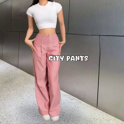 CITY PANTS - CELANA TIDUR TIPIS PANJANG WANITA KANTOR KULIAH MOTIF GARIS KULOT PINSTRIPE KARET LEMBUT LOOSE KOREAN