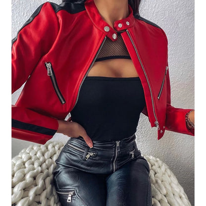 Jaket Kulit Motorcycle Crop Hitam dan Merah Jaket Lengan Panjang Pendek dengan Garis-garis Retro Mantel Vintage