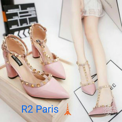 Promo Sanda High Heels Wanita Studs Manolo Abu. Putih. Pink. Hitam R2 Diskon