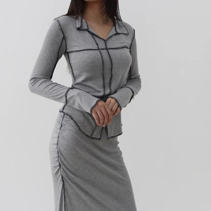 LIV SET - Setelan Wanita Oneset Lengan Panjang Rok Knit Rib Premium Shirt Skirt Baju Set Celana Highwaist Soma