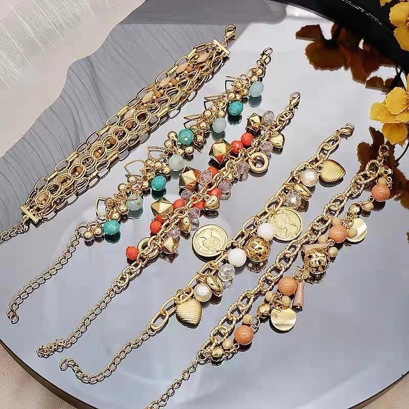 14 model Rantai Pesona Kristal Berwarna Gelang manik Multi-lapis Wanita Buatan Tangan Emas