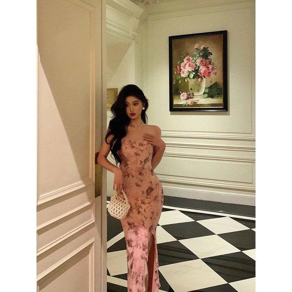 Yimita baju midi dress motif bunga cantik ke pantai jumbo wanita korean style party dress elegant casual dress terbaru 2026 import