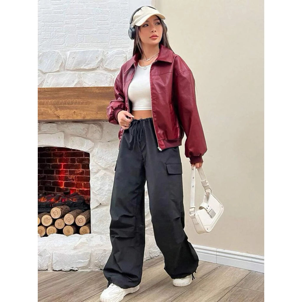 Hanifoleather.id Jaket Kulit Imitasi Merah Maroon Lengan Panjang Ritsleting Bahu Jatuh Musim Gugur/Dingin