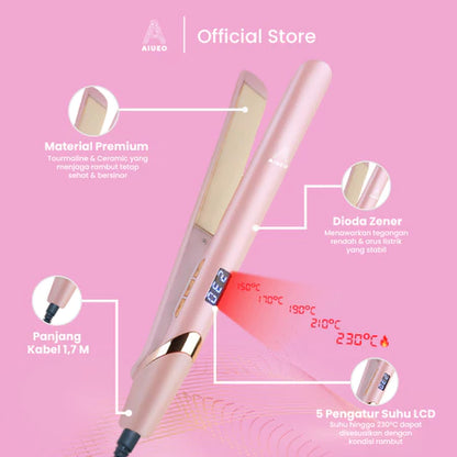 AIUEO Catokan Rambut 517 Dioda Alat Catok Rambut 3in1 Plat Kecil 35 Watt Kabel Putar Warna Pink