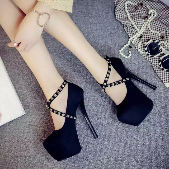 Promo Sepatu High Heels Wanita Stud 13cm X Mirriam Hitam Merah R2 Diskon