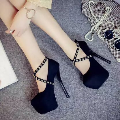 Promo Sepatu High Heels Wanita Stud 13cm X Mirriam Hitam Merah R2 Diskon