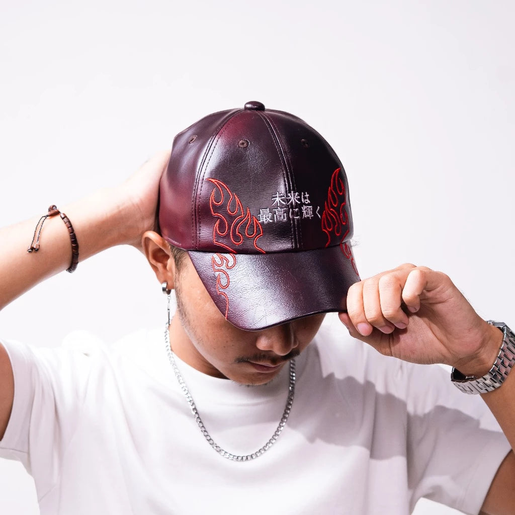 BOZRVK Red Flame Kanji Leather Baseball Cap - Topi Baseball Pria Maroon