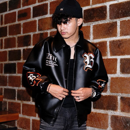 BOZRVK Jaket Varsity Unisex Hitam Leather Full Bordir