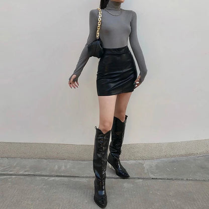 Rok Kulit Wanita Korean Style Pendek Pinggang Tinggi Musim Gugur