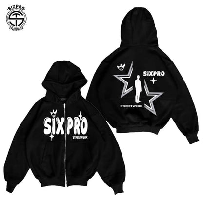SIXPRO - Hoodie Boxy Zipper Star Hitam Oversize Boxy Pria Wanita Premium