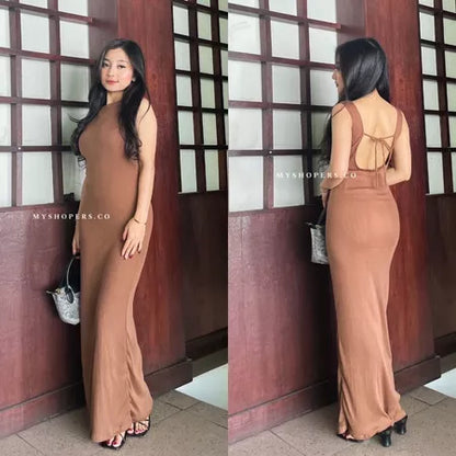 Tavia Long Dress Bahan Rib Backless Tali Belakang Punggung Terbuka Panjang Bodycon Strait Melar