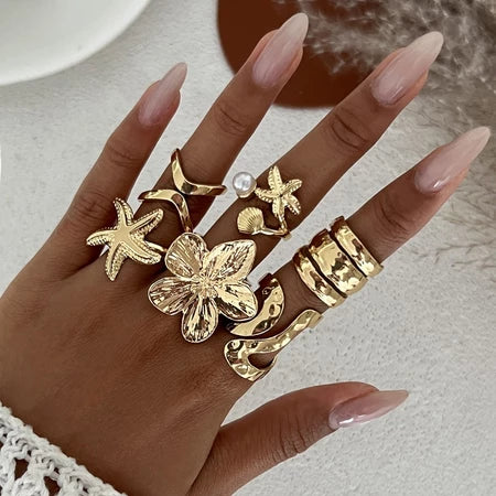 8 Pcs/Set Cincin Fashion Emas Gaya Retro Bohemian Aksesoris Rantai Silang Berongga Cincin Punk Paduan Seratus