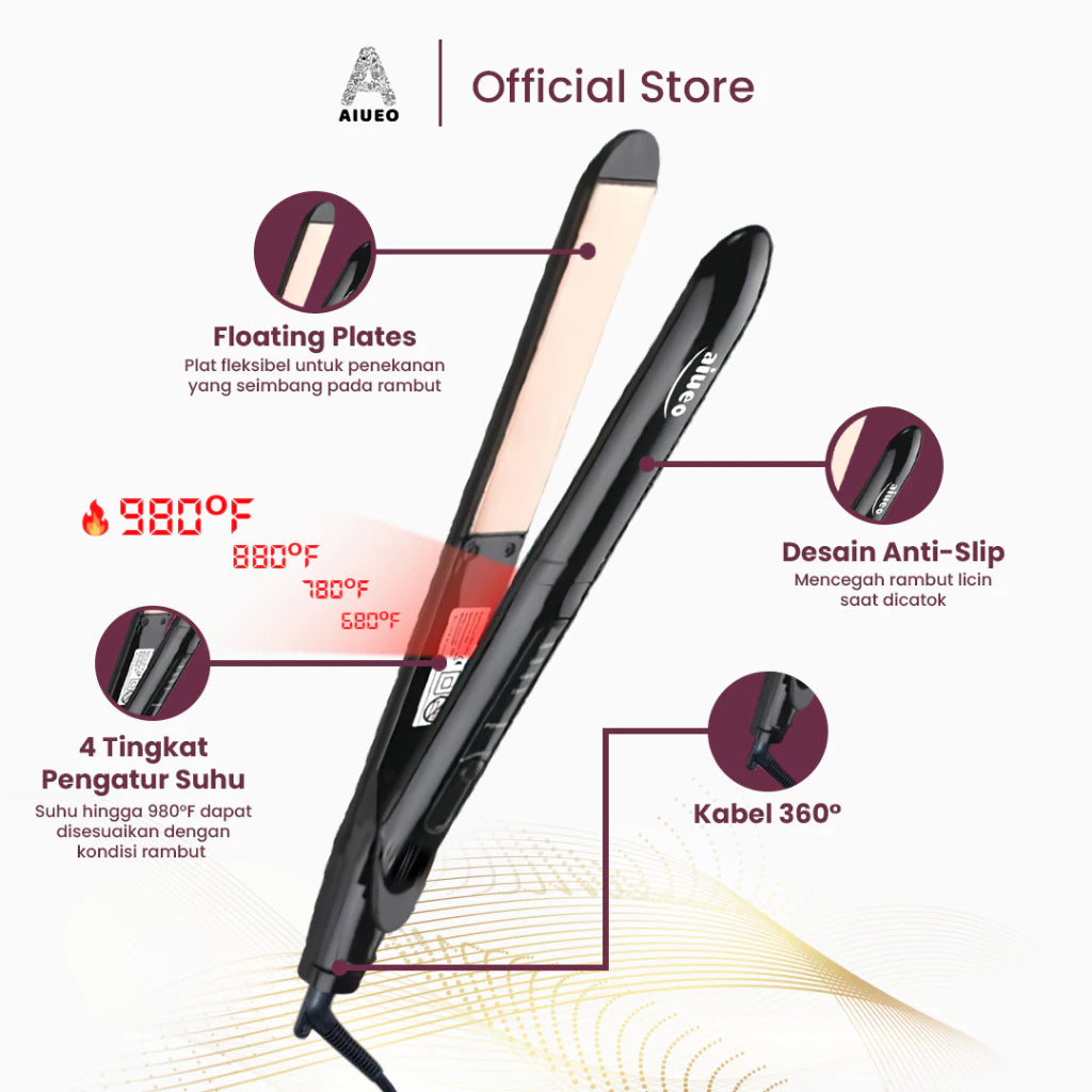 AIUEO Catokan Rambut Chia 8889 Catok Rambut 2 in 1 Hair Straightener and Curly Plat Keramik Untuk Rambut Kasar - Warna Hitam