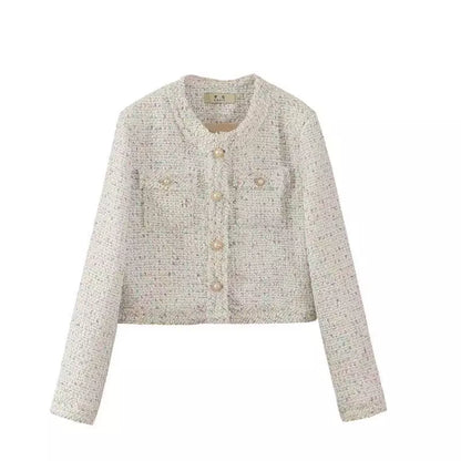 EMITA BLOOM tweed blazer crop wanita kekinian atasan outer biru muda lengan pendek wanita cardigan kondangan aesthetic korea style