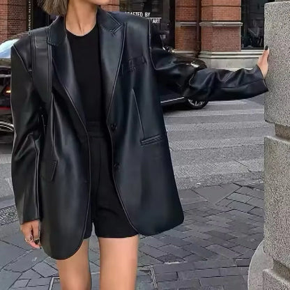 Blazer Kulit Wanita Coklat Oversize | Outer Kekinian Korea Look