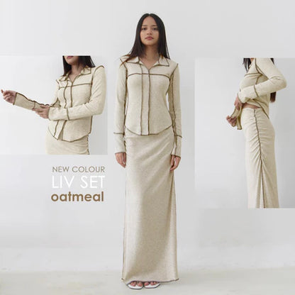LIV SET - Setelan Wanita Oneset Lengan Panjang Rok Knit Rib Premium Shirt Skirt Baju Set Celana Highwaist Soma