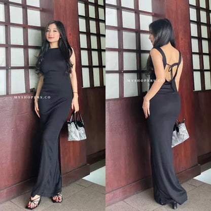 Tavia Long Dress Bahan Rib Backless Tali Belakang Punggung Terbuka Panjang Bodycon Strait Melar