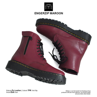 MIkihas - Sepatu Boot Pria Wanita Fashion Kasual Kulit Maroon 8 Hole - Engers Zip