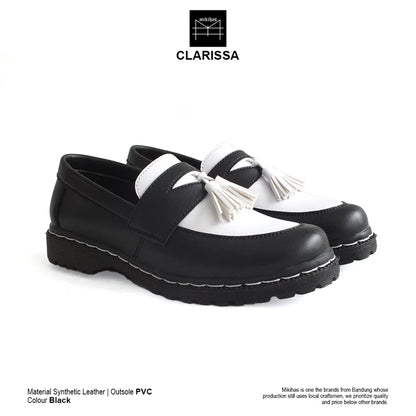 Mikihas Claris - Sepatu Loafers Wanita Kulit Hitam Putih Slip On Kasual - Sol PVC Hitam Ringan