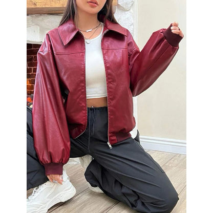Hanifoleather.id Jaket Kulit Imitasi Merah Maroon Lengan Panjang Ritsleting Bahu Jatuh Musim Gugur/Dingin