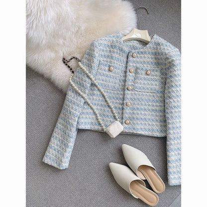 EMITA BLOOM jaket pink crop outer wanita korean style aestetic jumbo cewek terbaru 2026 tweed blazer cardigan wanita kekinian korea