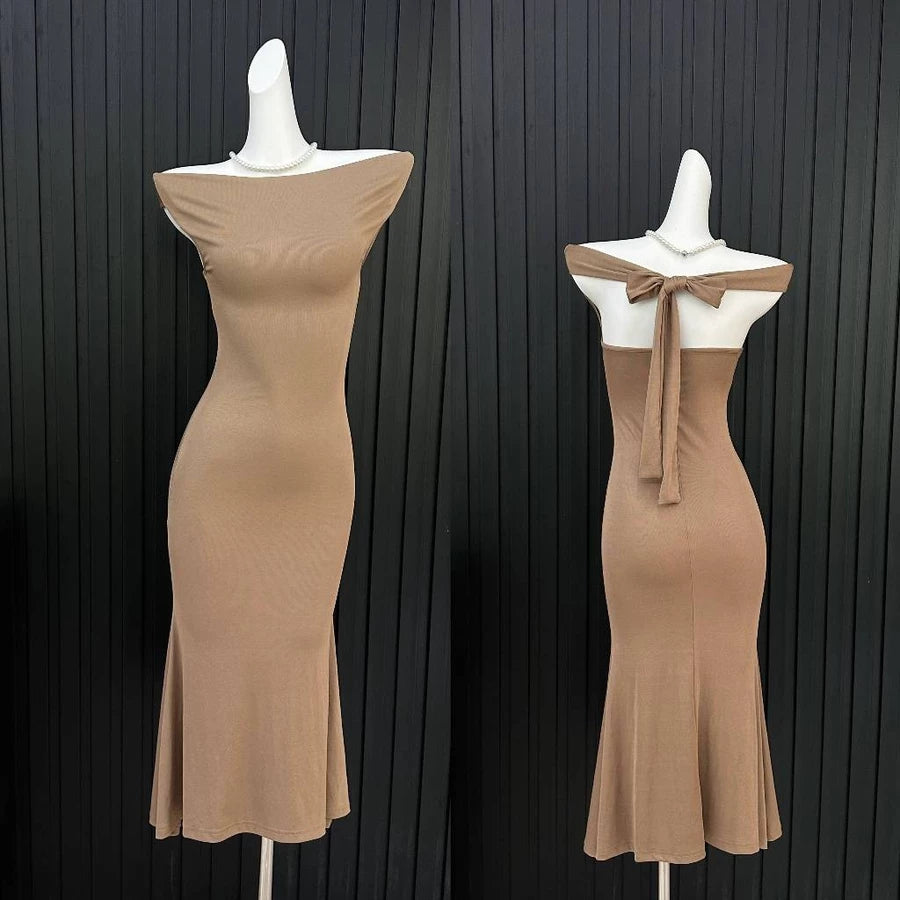 EMITA BLOOM baju dress brown backless pantai wanita ketat kondangan simple elegan kekinian korean style gaun pesta mewah elegan