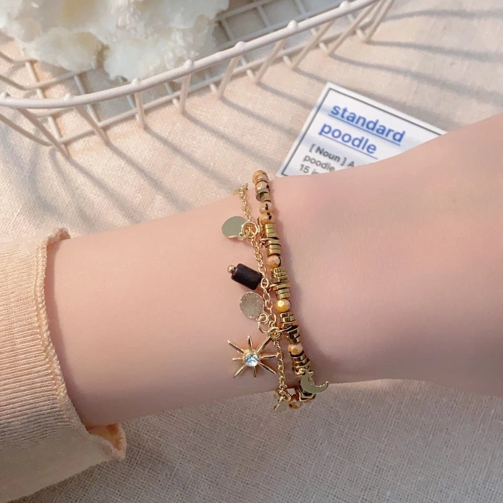 Set Kalung dan Gelang Wanita Gaya Vintage Manik Emas Ornamen Bulan Bintang Couple Fashion Aesthetic