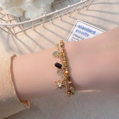 Set Kalung dan Gelang Wanita Gaya Vintage Manik Emas Ornamen Bulan Bintang Couple Fashion Aesthetic