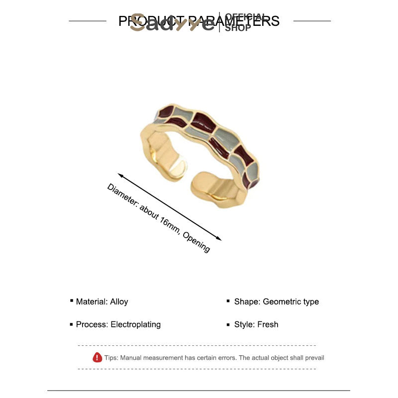 Sadyye Cincin Kotak-kotak Vintage Enamel Perancis Desain Cincin Jari Telunjuk Terbuka Checkerboard