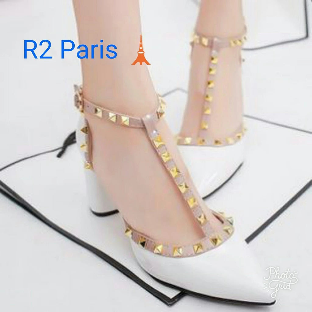 Promo Sanda High Heels Wanita Studs Manolo Abu. Putih. Pink. Hitam R2 Diskon