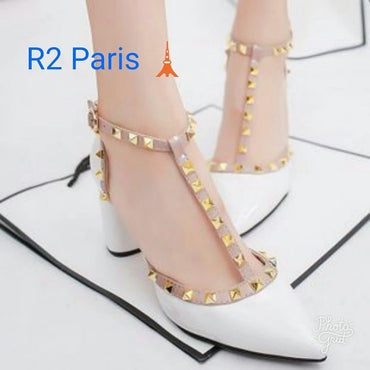 Promo Sanda High Heels Wanita Studs Manolo Abu. Putih. Pink. Hitam R2 Diskon