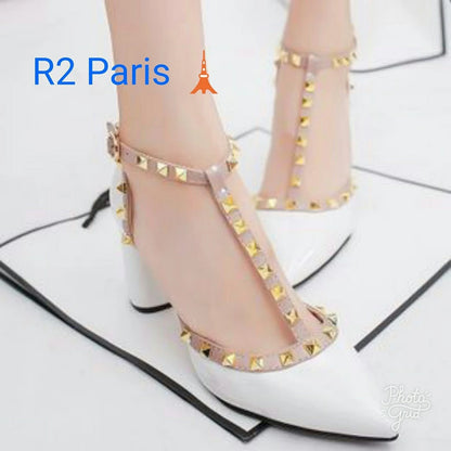 Promo Sanda High Heels Wanita Studs Manolo Abu. Putih. Pink. Hitam R2 Diskon