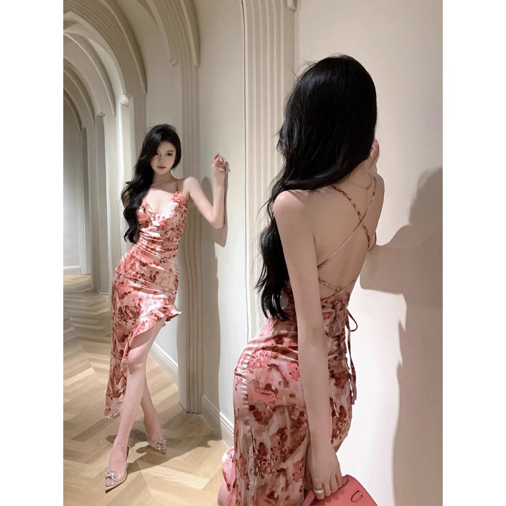 EMITA BLOOM dress abu abu wanita kondangan long dress backless wanita Elegant korean beach Dress ke pantai dress import