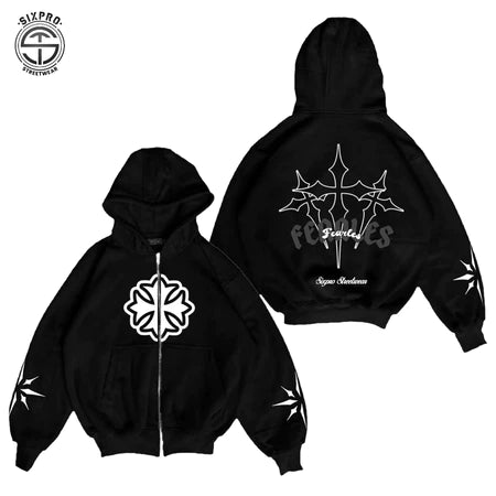 SIXPRO - Hoodie Boxy Zipper Star Hitam Oversize Boxy Pria Wanita Premium