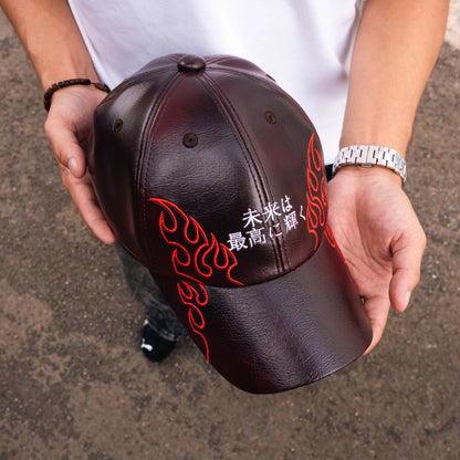 BOZRVK Red Flame Kanji Leather Baseball Cap - Topi Baseball Pria Maroon