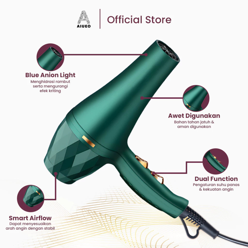 AIUEO Hairdryer Carmila Pengering Rambut Salon Profesional Daya Rendah - Warna Hijau