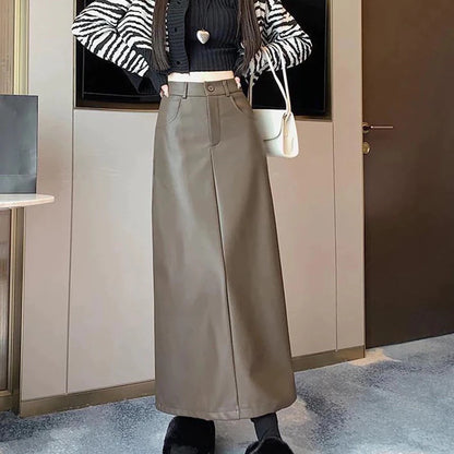 Rok Kulit Wanita PU Pinggang Tinggi Highwaist Saku Belahan Belakang