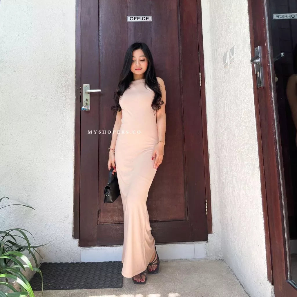 Luna Backless Dress Wanita Spandek Premium