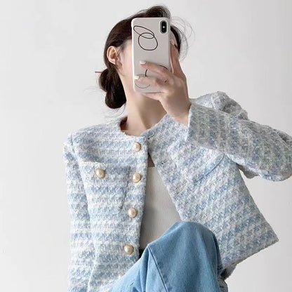 EMITA BLOOM baju atasan outer pesta pink soft crop top lengan panjang kondangan simple elegan wanita kekinian korean style tweed