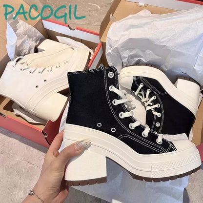 PINKEY P320 Sepatu Boots Tinggi untuk Wanita Trendy, Model Korean Style dengan Bahan Kanvas - Hitam