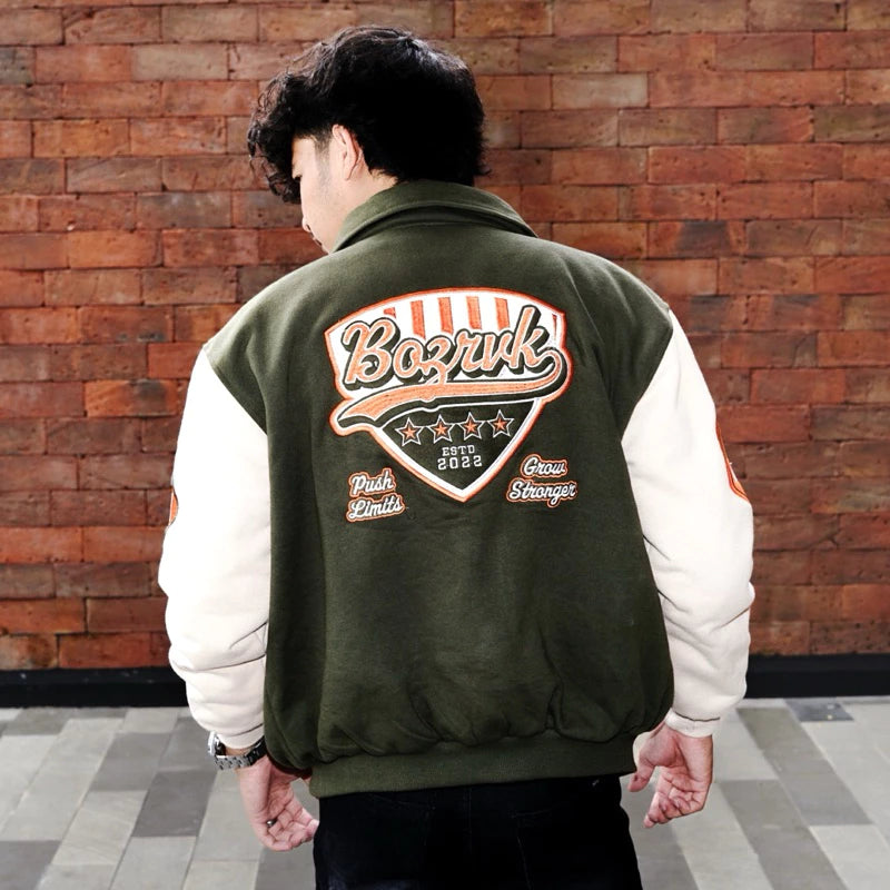 BOZRVK Jaket Varsity Pria Unisex Champion Army Full Bordir