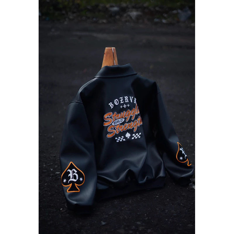 BOZRVK Jaket Varsity Unisex Hitam Leather Full Bordir