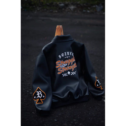 BOZRVK Jaket Varsity Unisex Hitam Leather Full Bordir