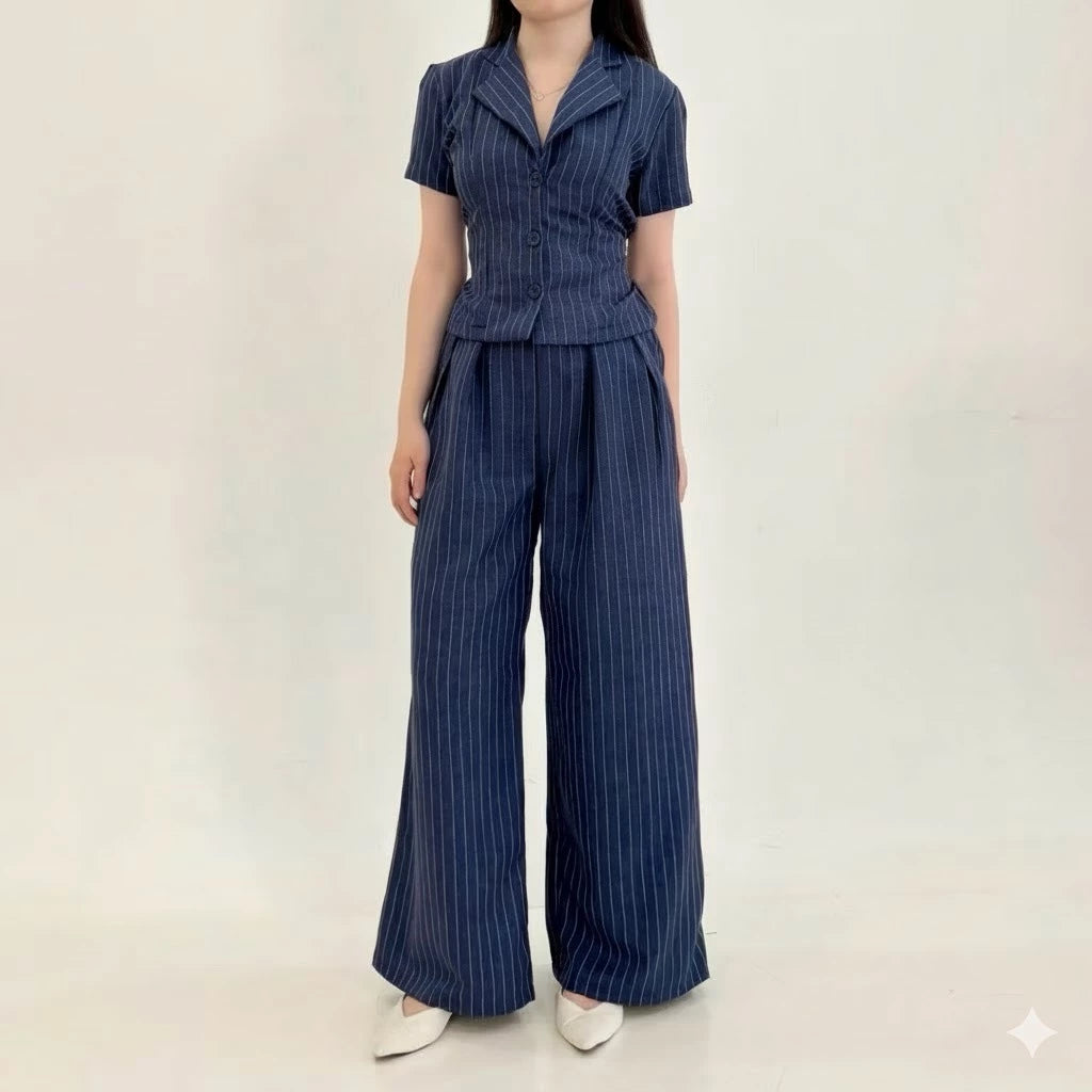 New York Set Wanita Stripe Formal Salur (Atasan+Celana) Fit Body Semiwoll Premium