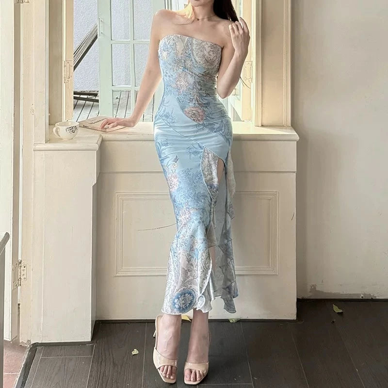 Yimita baju midi dress motif bunga cantik ke pantai jumbo wanita korean style party dress elegant casual dress terbaru 2026 import