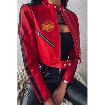 Jaket Kulit Motorcycle Crop Hitam dan Merah Jaket Lengan Panjang Pendek dengan Garis-garis Retro Mantel Vintage