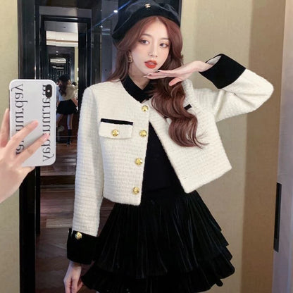 EMITA BLOOM outer hitam crop top lengan panjang kondangan wanita kekinian korean style lebaran 2026 tweed blazer wanita premium