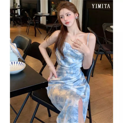 Yimita baju midi dress motif bunga cantik ke pantai jumbo wanita korean style party dress elegant casual dress terbaru 2026 import